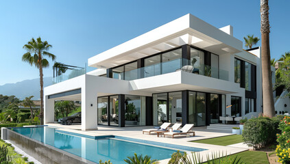 A stunning modern villa in Marbella, Spain with white walls and glass windows overlooking the pool and palm trees. Created with Ai