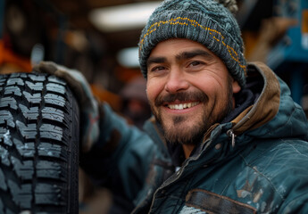 Fototapeta premium Man smiles while holding tire.