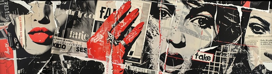 Provocative newspaper collage with bold elements. Torn newspaper pieces featuring striking red accents, lips, and eyes create an edgy, artistic expression on fake news. - obrazy, fototapety, plakaty