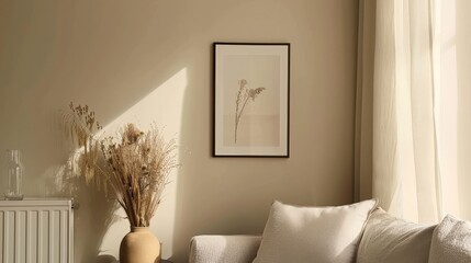 A detail of the beige wall in the living room. The wall is painted a warm beige color, and it is decorated with a piece of art. The art is a painting of a landscape, and it is framed in a black frame.