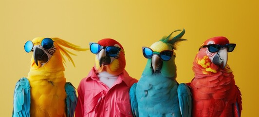 Quirky parrots decked out in sunglasses and jackets. A playful portrayal of four colorful birds posing with attitude against a vibrant yellow backdrop.