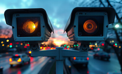 Two traffic cameras are mounted on pole with city street and cars in the background. - obrazy, fototapety, plakaty