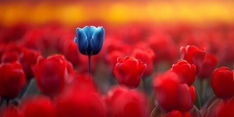 Under the brilliant sunshine, a single blue tulip stands out amidst a colorful meadow of flowers, capturing the essence of spring