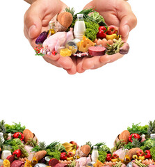 Hands holding a  with food isolated