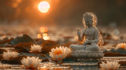 Buddha statue sits against the backdrop of a pond with lotus flowers at dawn, copy space