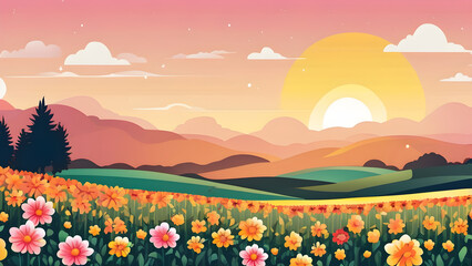 Fototapeta na wymiar Illustration of landscape with flowers and sunset, AI generated
