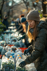 A woman takes on the responsibility of recycling plastic bottles outdoors, caring for the environment