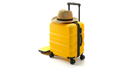 A travel luggage holds a hat in it, Realistic photo, stock photography, isolated on white background