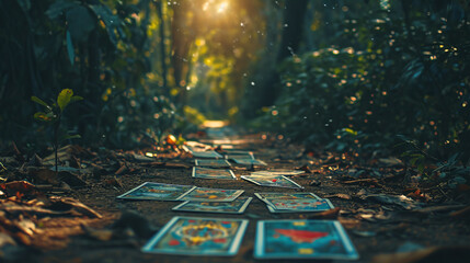  Tarot Cards on Mystical Forest Path - obrazy, fototapety, plakaty