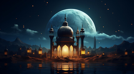 Lanterns stands in the desert at night sky, lantern islamic Mosque