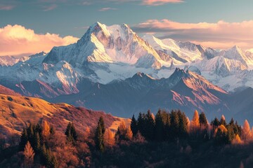 Majestic view of snow-capped mountain  during sunrise, AI generated - Powered by Adobe
