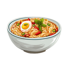 A cartoon bowl of noodles with an egg and peppers