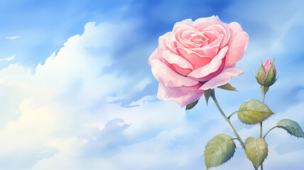 Hand drawn cartoon rose flower watercolor illustration material under blue sky

