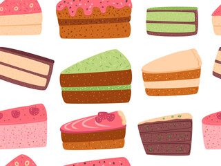 Cakes seamless pattern. Sweet bakery piece. Pastry dessert slices with cream endless background. Vector pie repeat cover illustration