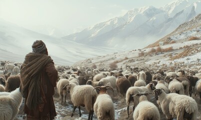 large flock of cashmere sheep in himalaya mountains. A herd of sheep on pastures