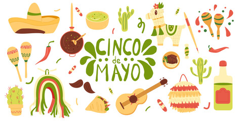 Cinco de Mayo set elements. Hand drawn lettering text and pinata, musical tools, traditional cuisine. Mexican festivals collection. Vector illustration isolated on white background.