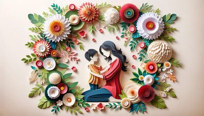 Fototapeta na wymiar Beautiful handmade paper art for Mother's Day celebration. Delicate floral designs in a crafty style.
