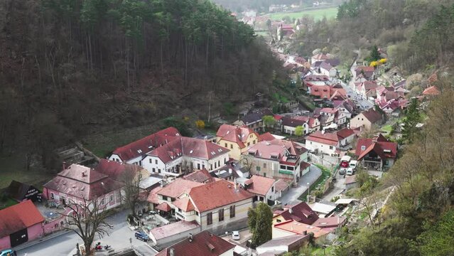 Czech Castle Karlstein view from the mountain to the village. High quality 4k footage