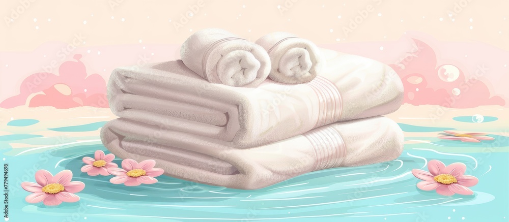 Aufkleber a stack of towels and flowers on a wooden furniture floating in the water, creating a comfortable an