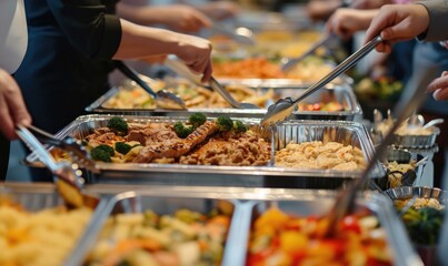 People hands on catering buffet food with grilled meat and fresh vegetables. Hands picking a delicious food