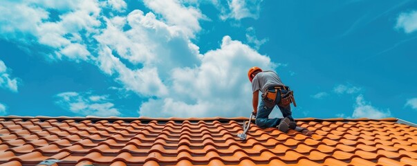 Roofing tiles installation in process. Contruction worker doing tiles on new house