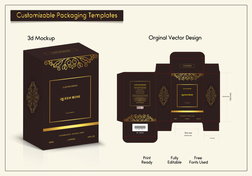 package box die cut with 3d mockup design elements, labels, icons, frames, for packaging, and design of luxury products. for perfume, Isolated on a Black and Gold background. vector illustration.