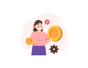 as financial manager, accountant and treasurer. managing company or business finances. budget planning. holding coins. female staff, workers or employees. profession or job. illustration concept 