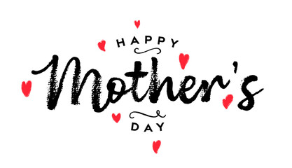 Happy Mother's Day calligraphy text with red hearts