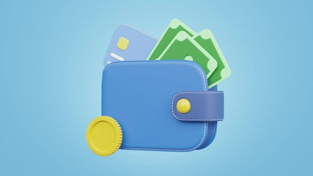 3d icon cash money, credit card into wallet, coin float on blue background. Mobile banking, Online payment. Saving money. Bonus cash back and refund cartoon style. 3d animation render with Alpha.