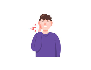 a man or boy holding his cheek because of a toothache. swollen and painful cheek. symptoms of toothache and gum inflammation. facial expression of pain. health problems. character illustration design