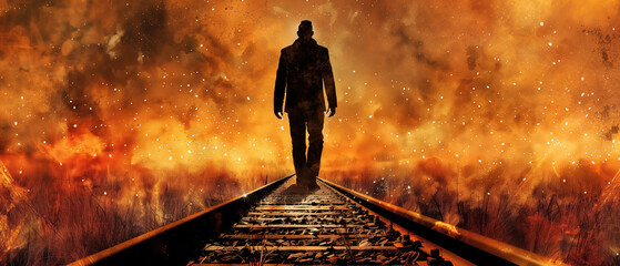 Solitary figure walking on railroad tracks amidst fiery apocalypse at dusk. A lone person strides down train tracks enveloped by an intense inferno, evoking a sense of impending doom - obrazy, fototapety, plakaty