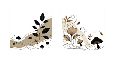Elegant eco-frames featuring of dark mushrooms and leaves against a soft beige background, perfect for environmental, natural and organic themes, as decorative elements for text or creative projects
