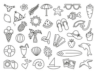 Doodle summer icons. Linear hand drawn summertime season elements. Vacation on beach or travel, palm, cocktail, fruits. Tourism neoteric vector set - 779496085