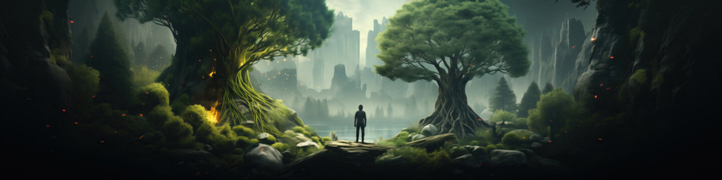 Silent guardian of the enchanted woodland. A solitary man stands tall amidst a dense forest, surrounded by towering trees and a carpet of lush greenery