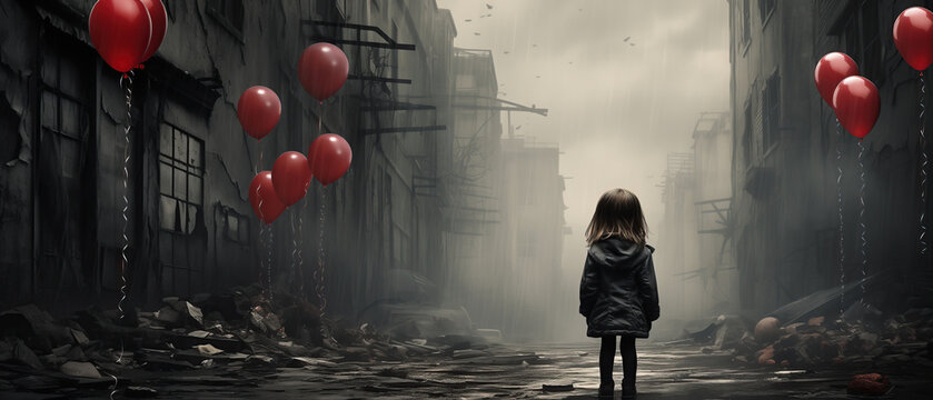 Lonely girl stands amidst desolate city. A solitary child is confronting an abandoned urban landscape, dotted with floating red balloons under a somber sky