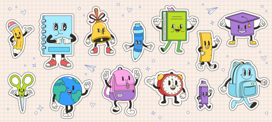 School stickers groovy style. Funky retro characters, emotional children mascots stationery. Bell, globe, happy pencil and alarm, snugly vector collection