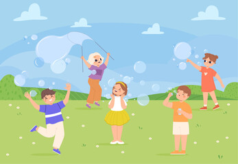 Kids play with bubbles outdoor. Spring summer time in park, happy children together blowing soap bubble. Toddlers fooling, snugly vector scene