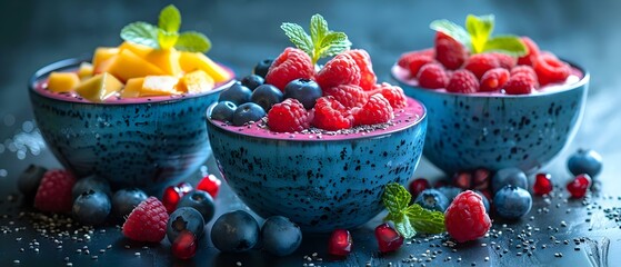 Colorful smoothie bowls with fresh fruits and toppings for a healthy breakfast. Concept Smoothie...