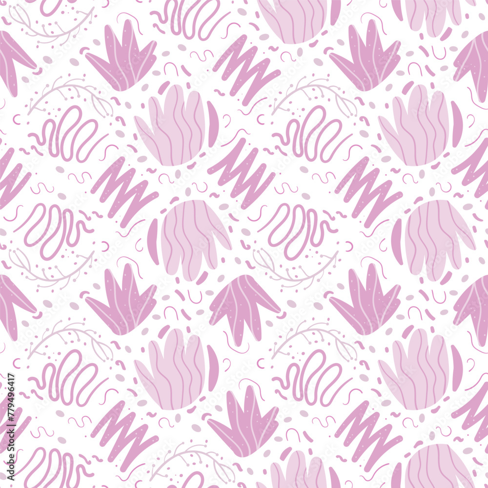 Poster floral abstract seamless pattern. pink flowers and lines elements endless background. simple botanic