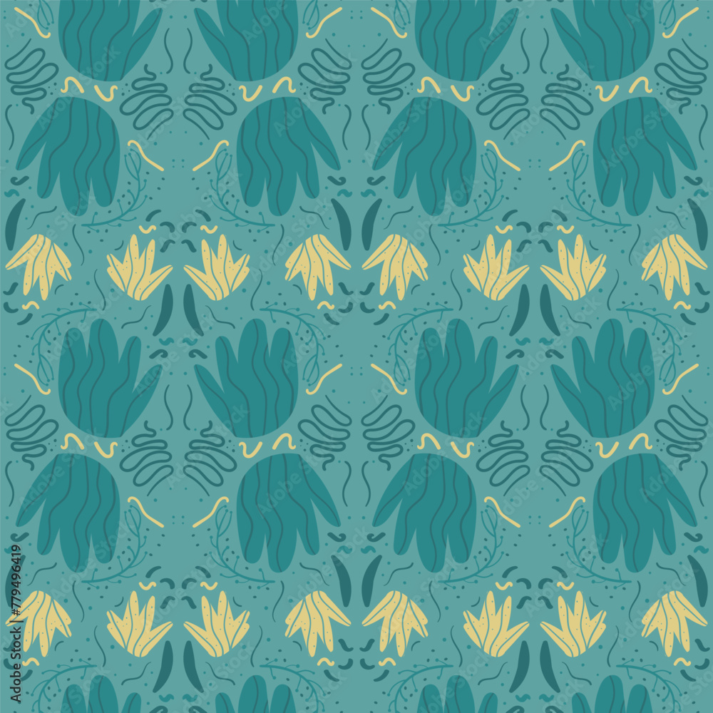 Poster floral geometric stylized retro abstract seamless pattern. flowers elements tiled loop ornament. vec