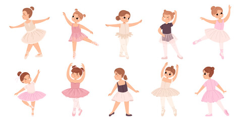 Girl ballet dancer. Little girls dancing in tutu skirt, cartoon isolated cute tiny characters. Classic dance lesson in class, hobby snugly vector collection