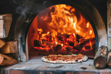 Traditional Italian food with wood fired pizza oven close-up