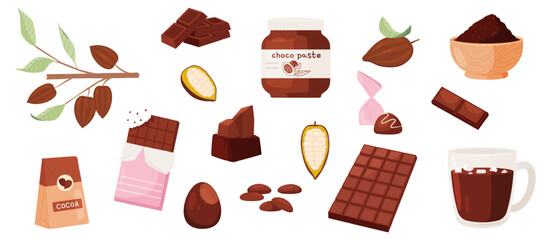 Cocoa products. Choco paste, chocolate bar, candies and powder in bowl. Hot coffee with marshmallow. Sweet tasty desserts, cartoon snugly vector set - 779496413
