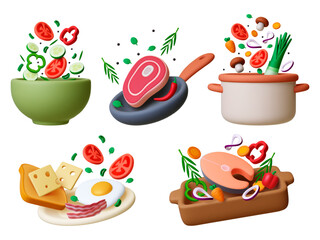 Cooking 3d scenes. Realistic food, kitchenware and pot. Fresh salad, breakfast, dinner and lunch meals. Flying meat, fish and vegetables pithy vector set