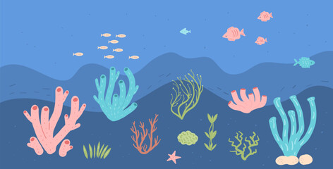 Fototapeta na wymiar Coral reef and seaweed with fish background. Sea underwater elements. Vector flat illustration