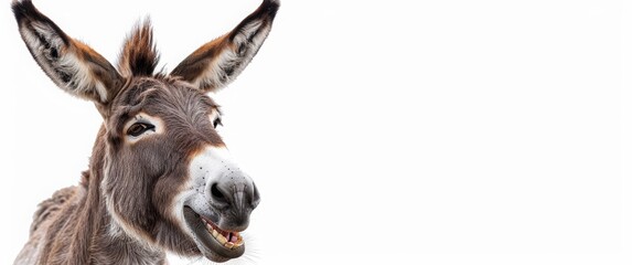 Naklejka premium A laughing donkey with open mouth isolated on white background, copy space concept. banner with free place for text.