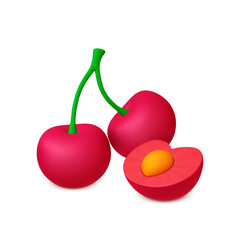 Cherry 3d elements. Isolated cherries render objects. Summer sweet vitamin berry. Natural fresh food, organic vector berries