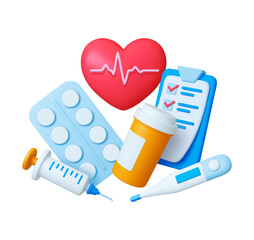 Healthcare 3d concept. Medical tools, red heart with heartbeat, pills and syringe. Health, pharmacy or hospital vector render elements design