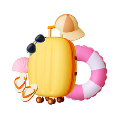 Summer beach travel 3d render concept. Realistic plastic suitcase, slippers and sunglasses. Pink shell and inflatable lifebuoy, vector isolated scene - 779496668