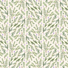 Rosemary herbs branch seamless pattern. Rosemary plant green and flowers leaves repeat background. Botanic endless cover. Vector hand drawn illustration.